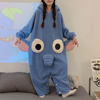 FUXI 卡通大象鼻子連體睡衣 連身睡衣 加絨加厚珊瑚絨居家服 秋冬寬鬆可外穿保暖連帽睡衣 家居服 睡袍
