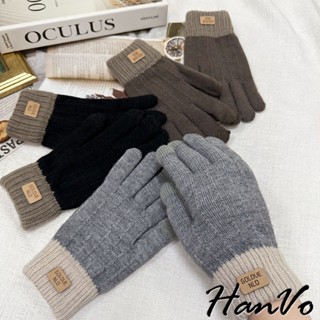 【HanVo】標籤撞色針織保暖手套 冬季溫暖加絨加厚 時尚簡約 戶外運動 女生配件 C02-8079