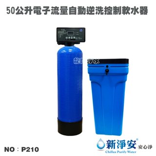 【龍門淨水】50公升電子流量自動逆洗控制軟水器-雙槽式 含50L離子交換樹脂 FRP 除水垢 軟化水質(P210)
