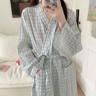 FUXI 日系格子睡袍女 連身睡衣 浴袍 中長款透氣居家服 長袖睡衣 睡裙 可外穿家居服
