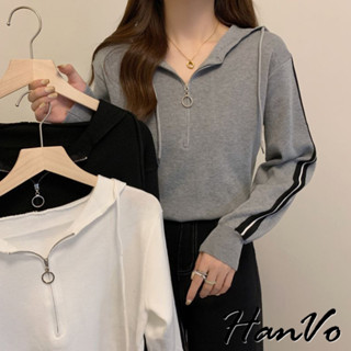 【HanVo】連帽質感拉鍊領縮腰長袖上衣 針織保暖親膚舒適百搭 韓系休閒女裝 女生衣著 A02-1891