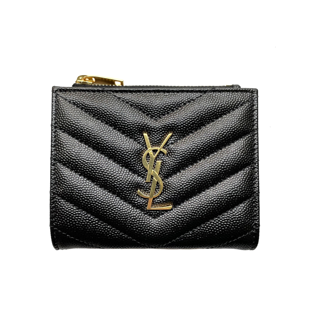 【YSL】SAINT LAURENT Bi-fold 拉鍊 暗釦 對開 卡夾 短夾 黑色