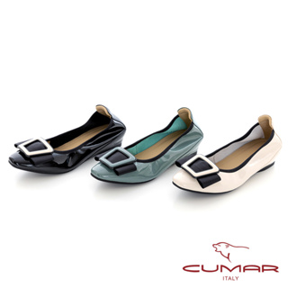 【CUMAR】軟漆皮配色飾釦內增高平底鞋723-510