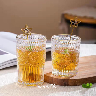 渥思【現貨】復古浮雕金邊玻璃杯 加厚耐熱玻璃杯 果汁杯 咖啡杯 早餐杯 啤酒杯