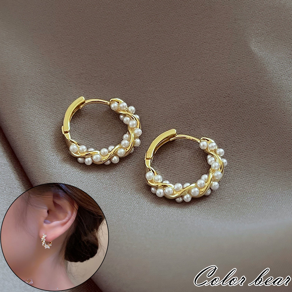 【卡樂熊】s925銀針韓系珍珠纏繞造型耳環/耳扣飾品