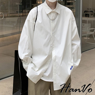 【HanVo】男款日系純色翻領小標籤襯衫 舒適質感簡約長袖上衣 秋季休閒日系 男生衣著 B2025