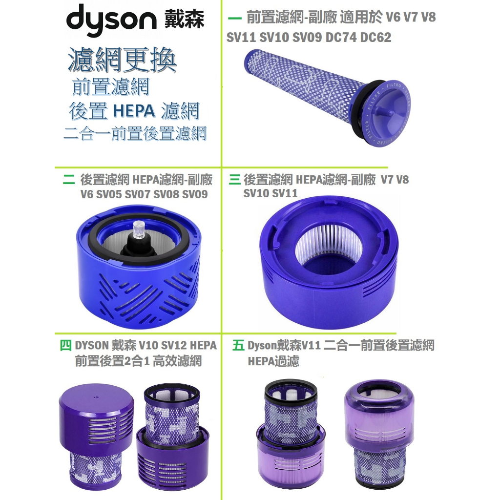 台灣現貨DYSON V6 V7 V8 V10 V11 V12 V15前置後置濾網濾心組合 戴森濾網更換 HEPA副廠濾網