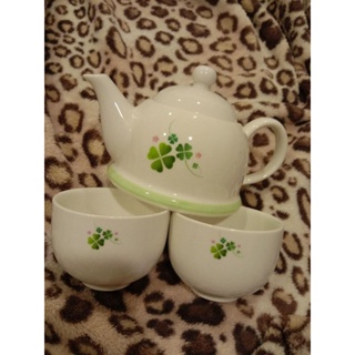 綠色幸運草 白色 茶壺 陶瓷 茶壺組 花器 二杯一壺