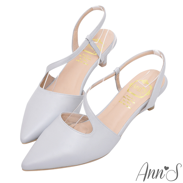 Ann’S高訂綿羊皮-性感腳背曲線後拉帶低跟尖頭鞋5cm-灰藍
