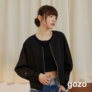 【gozo】斜紋爬線蝙蝠袖拉鍊外套(黑色/米色_F) | 女裝 V領 百搭