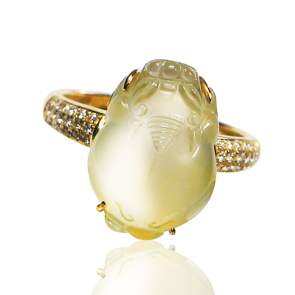 【A1寶石】天然緬甸A貨-收藏級玻璃種翡翠起螢光貔貅鑽石戒子-加贈玉石用手電筒(6-BR-45KT)