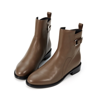 HERLS短靴 牛皮釦環造型粗跟工程靴短靴 可可灰色