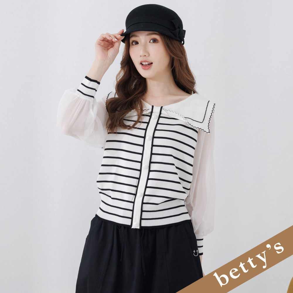 betty’s貝蒂思(25)條紋拼接雪紡水手領針織上衣(白色)