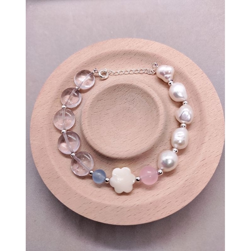 🙀🙀設計款--超別緻▶️珍珠•白水晶•粉藍玉髓 巴洛克風格~手鍊-手串👍