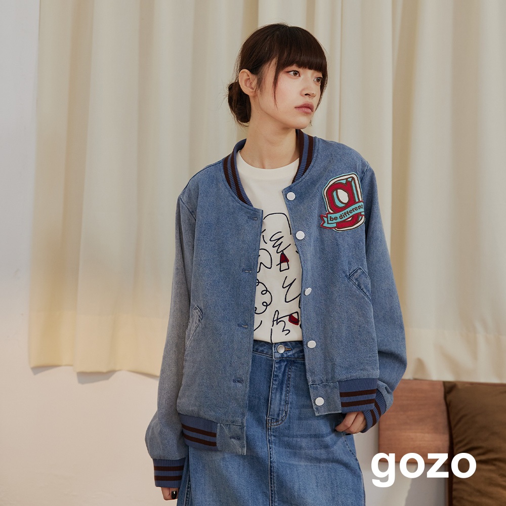 【gozo】大g繡花牛仔棒球外套(淺藍/深藍_F) | 女裝 V領 休閒