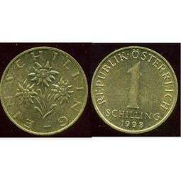 【全球郵幣】奧地利1998年，Austria 1 Schilling 銅幣，罕見