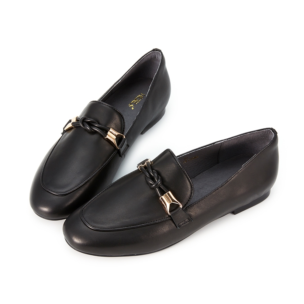 HERLS樂福鞋 全真皮立體結飾釦環造型平底樂福鞋 黑色