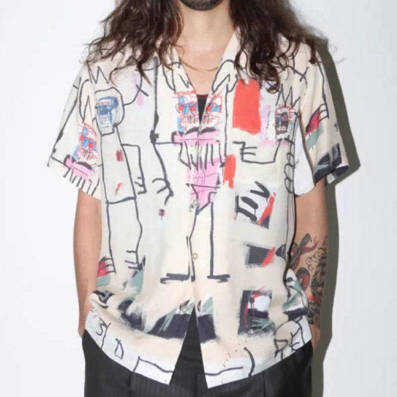 日本潮牌 WACKO MARIA X JEAN MICHEL BASQUIAT 同款 塗鴉藝術透氣 粉橘色 短袖 襯衫