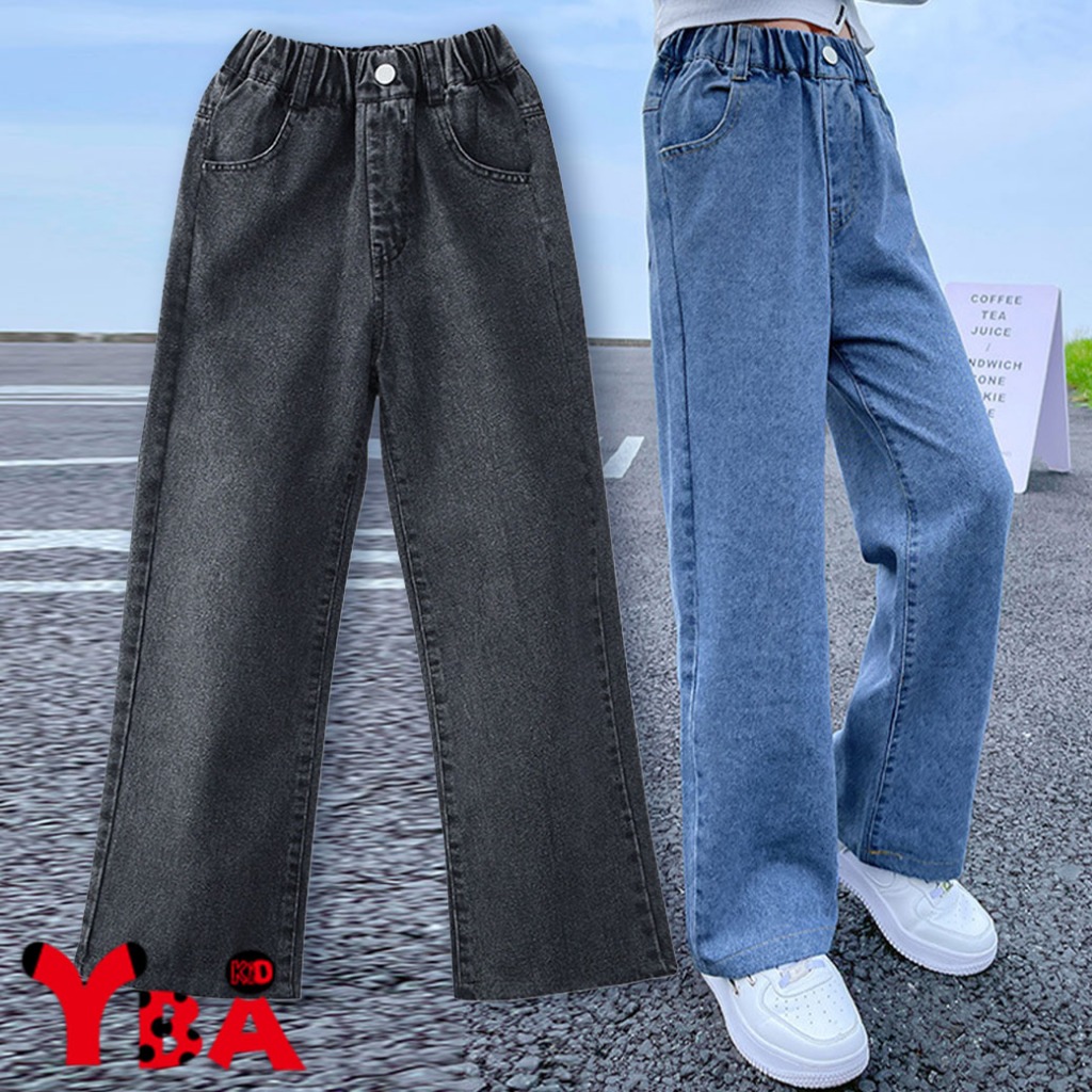 【YBA童裝】直筒闊腿鬆緊裝飾扣褲腰牛仔長褲10/03(黑/藍)【K53050】[預購]
