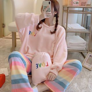 【簡美麗人】睡衣 女秋冬睡衣 加厚法蘭絨家居服 布袋睡衣 學生卡通睡衣 韓版寬鬆大碼家居服套裝 女生睡衣