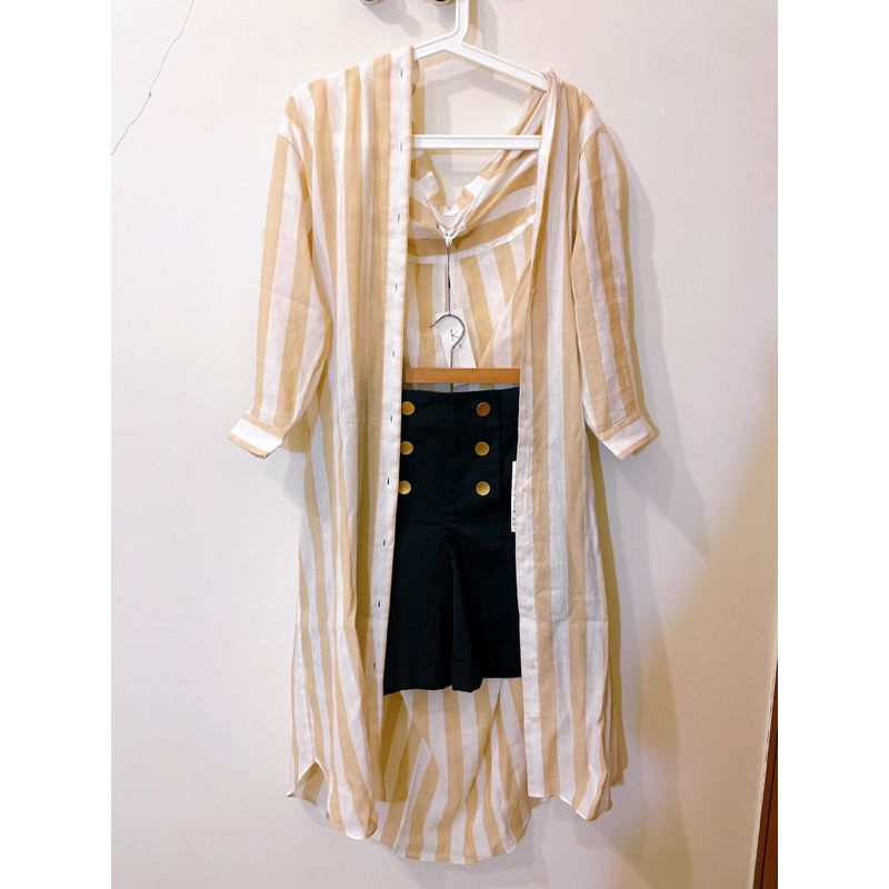 （🎉已售）全新日本貴婦品牌✨ kumikyoku組曲亞麻金蔥條紋立領綁帶罩衫洋裝2way