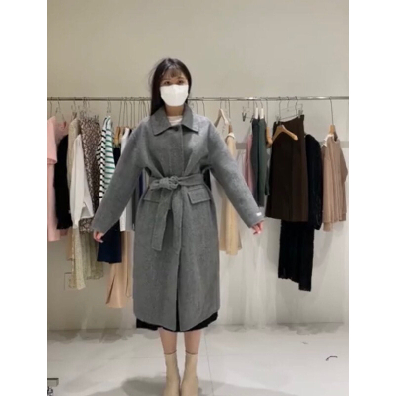 全新-正韓羊毛外套、綁帶大衣、長版羊毛大衣、韓國代購tion 90%手工羊毛灰色正大衣