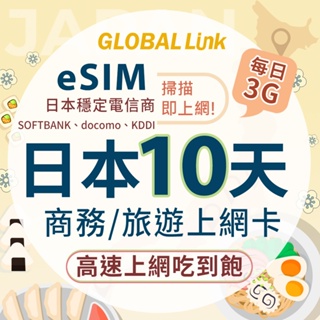 GLOBAL LINK 全球通 eSIM 日本10天上網卡 每日3G 過量降速吃到飽 4G網速