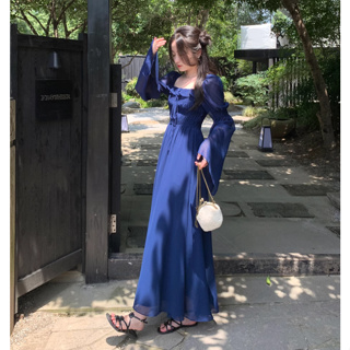 ZP♥Shop【A20994】優雅法式顯白藍色寬袖雪紡洋裝 長洋裝 長袖洋裝 連身裙 連衣裙