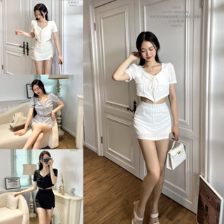 現貨‼️ OOTD 品牌自訂 純慾風 抽繩 綁帶 公主袖 不規則 上衣 + 開岔 包裙 褲裙 兩件套 套裝 蕾絲