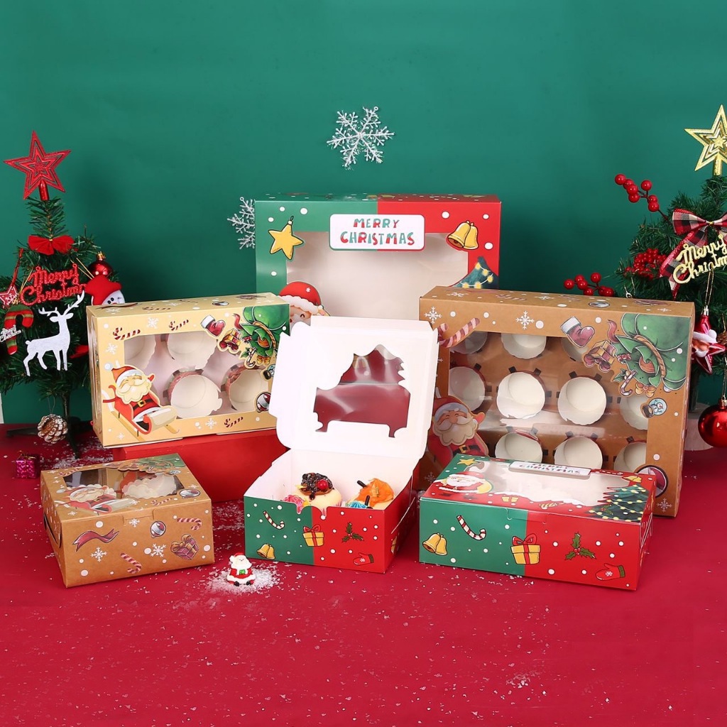 禎巧妙 4格/6格/12格 聖誕開窗馬芬盒 開窗蛋糕盒 杯子蛋糕盒 奶酪盒 聖誕節包裝盒 聖誕包材 紙盒 創意聖誕點心盒
