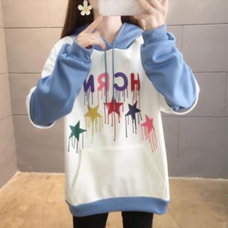 胖胖美依 上衣 長袖T卹 學院風 M-2XL新款牛奶絲複合假兩件寬鬆連帽加厚加絨衛衣女上衣TCF02-f6158.