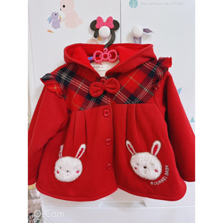 二手童裝出清 兔兔帶帽格紋紅色外套 4號（適合1-3歲）