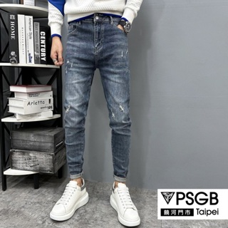 PSGB Taipei - J-0881 微刮破中藍窄褲 牛仔褲 -型男必備-長褲-牛仔褲-修飾線條- 丹寧布 - 現貨