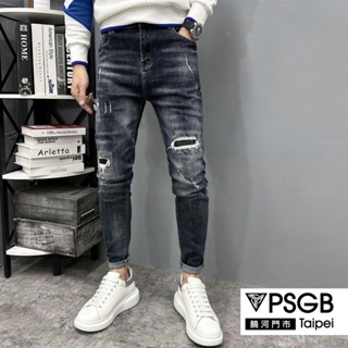 PSGB Taipei - J-0882 三破補深藍窄褲 -型男-長褲-牛仔褲-修飾線條- 丹寧布 - 現貨
