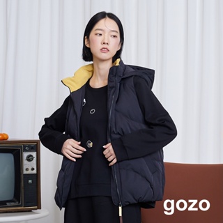 【gozo】波浪紋連帽羽絨背心(黑色/黃色_F) | 女裝 修身 保暖