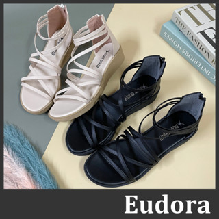 【Eudora】MIT台灣製 羅馬鞋 細帶涼鞋 交叉涼鞋 低跟涼鞋 羅馬涼鞋 拉鏈涼鞋 皮革細帶交叉拉鍊低根楔型 涼鞋