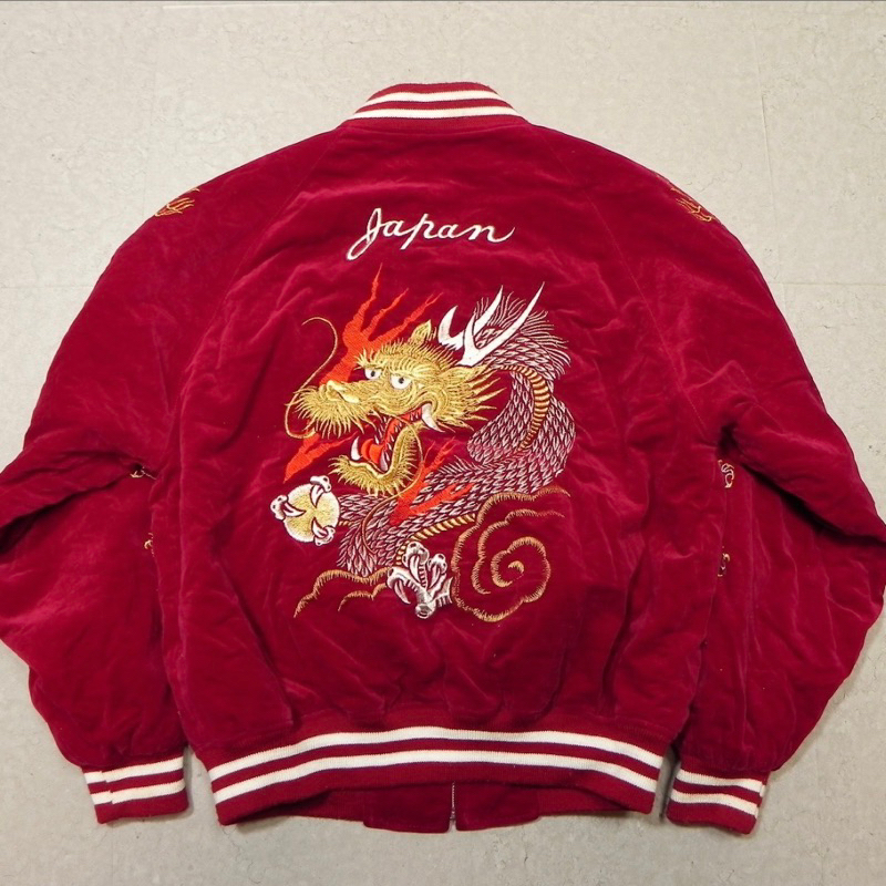 售罊【chunyan春艷 】日本製造平絨 Sukajan M 碼 JAPAN 夾克紅色 龍虎外套 橫須賀外套