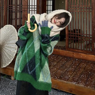 NXS 韓國聖誕綠格子毛衣 菱格紋 針織衫 毛衣 聖誕節穿搭 寬鬆長版毛衣 聖誕格紋上衣