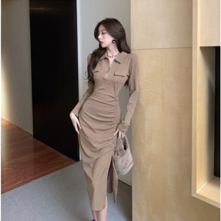 Amy&Sunny時尚精品服飾【全館臺灣現貨】法式復古polo領長袖連衣裙女春秋辣妹風褶皺修身性感開叉包臀長裙