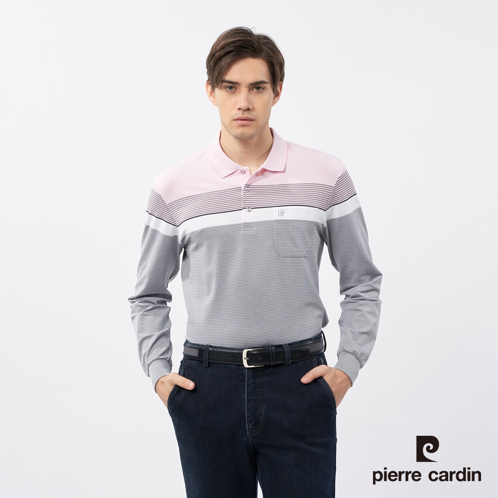 【pierre cardin皮爾卡登】男裝 吸濕排汗定位橫條長袖POLO衫-粉紅色 (5235251-75)