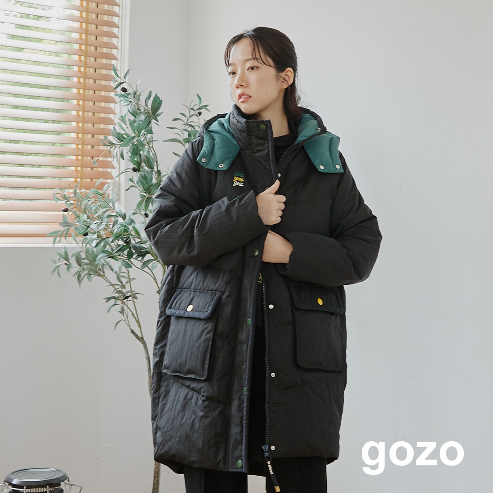 【gozo】➤微撞色長版連帽羽絨外套(黑色/淺卡其/綠色_M/L) | 女裝 修身 保暖 羽絨外套 羽絨 長版外套