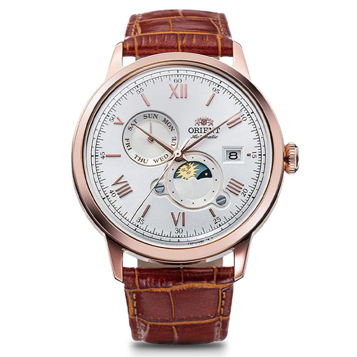 【ORIENT 東方錶】RA-AK0801S 羅馬字 日月相錶 皮錶帶 機械錶 白/玫瑰金 41.5mm 台南 時代鐘錶