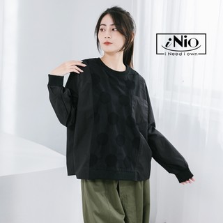 iNio衣著美學 長袖上衣 現貨 大圓緹紋 棉質拼接 圓領 CCW1545