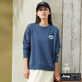 JEEP 女裝 山岳圖騰貼布繡刷毛大學T-藍色