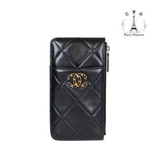 【巴黎站二手名牌專賣】＊全新現貨＊CHANEL 香奈兒 真品＊19系列黑羊皮菱格直式一字拉鍊長夾 卡包 零錢包 手機包