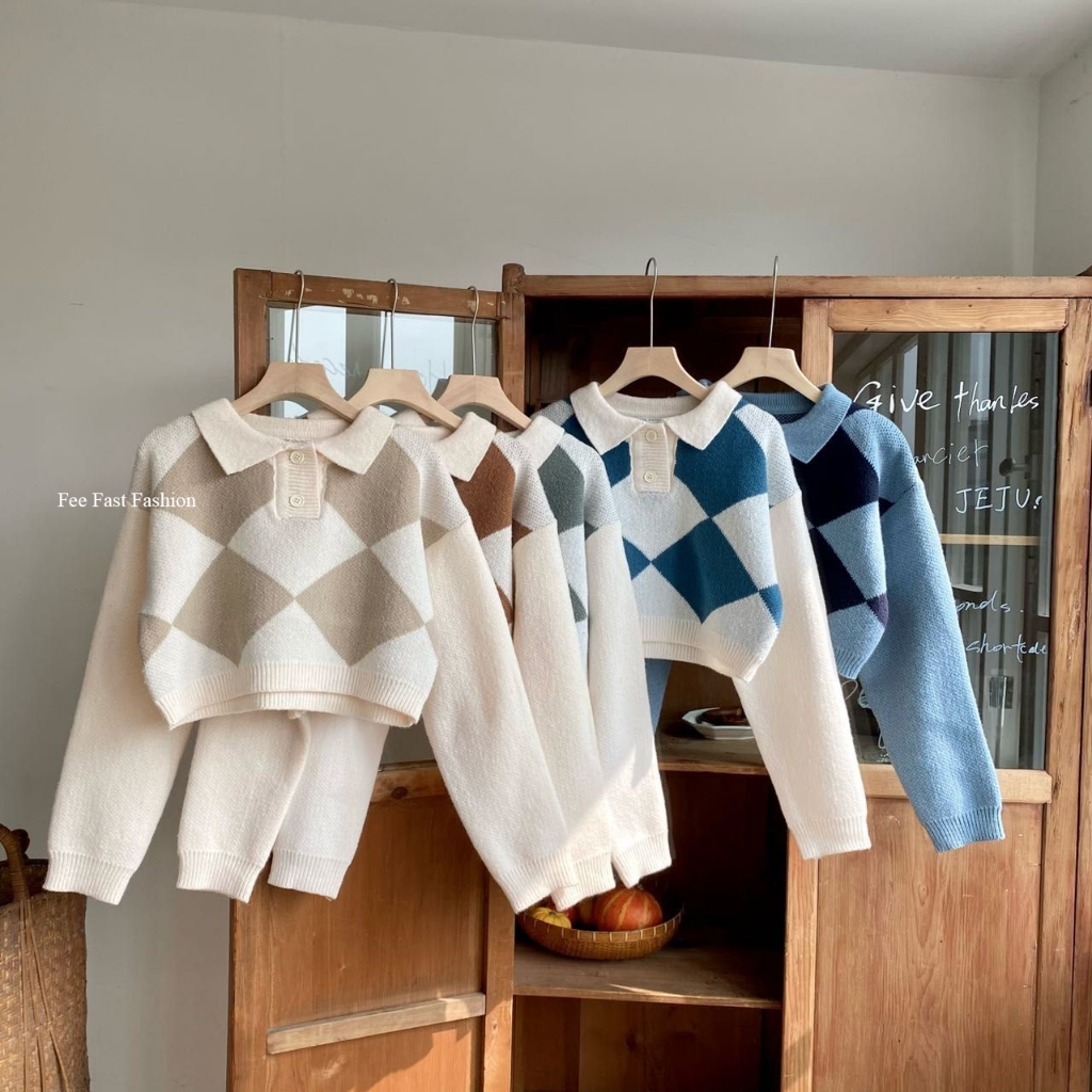 【Fee隔日到貨5色】復古拚色菱格紋短版針織毛衣🔥格子上衣 針織上衣 女裝上衣 韓系穿搭 秋冬 韓系女裝