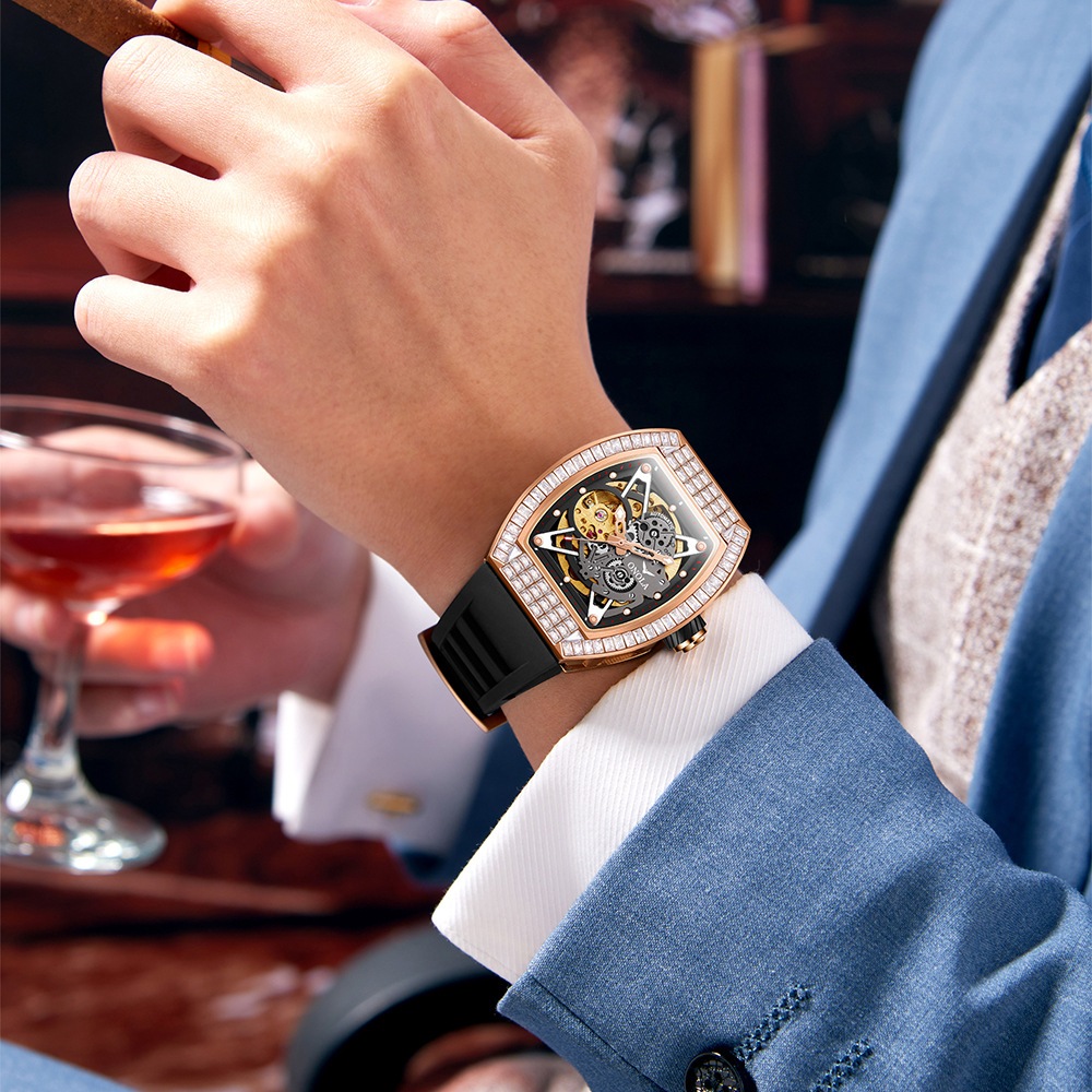 ONOLA ON3838F 男錶 男手錶時尚方鑽新款鏤空全自動機械手錶 男士矽膠帶防水機械錶 鏤空機械錶