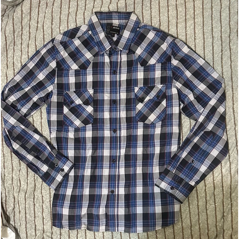 IBS jeans 100%全棉 男長袖藍灰格子襯衫 L