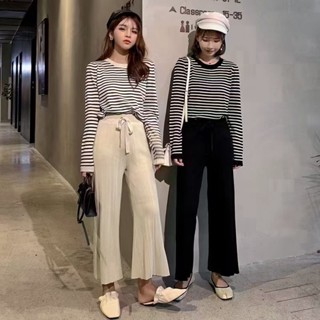 Gray灰 | 條紋針織+素面針織寬褲 兩件式套裝 親膚針織 彈性好 女生套裝 上衣 褲子 臺灣出貨 電子發票 890