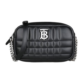 BURBERRY LOLA銀字金屬LOGO絎縫羔羊皮拉鍊斜揹包(迷你/黑)